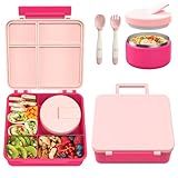 Pawtong Bento Lunch Box with 8oz Soup Thermo, Kids Leakproof Lunch Food Containers with 4 Compartment, Kids Thermo Insulated Hot Food Jar for School, Trvael - (Pink)