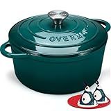 Overmont Enameled Cast Iron Dutch Oven - 7QT Pot with Lid Cookbook & Cotton Potholders - Heavy-Duty Cookware for Braising, Stews, Roasting, Sourdough Baking bottle green