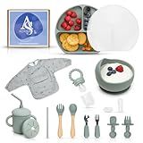 Silicone Baby Feeding Set - 19 Pcs Baby Led Weaning Supplies, Suction Plate and Bowl, Sippy Cup, 3 Set of Forks, Fruit Tetther, Tiny Brush, and Long Sleeved Bib