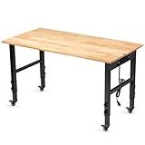 GVGBUK 48" Height Adjustable Workbench, 2000 LBS Load Capacity Rubber Wood Top Workstation, Heavy-Duty Hardwood Worktable for Garage Workshop (with Wheels and Socket,48'')
