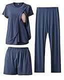 Rnxrbb 3 Piece Postpartum Nursing Pajamas Set Double Layer Maternity Breastfeeding Pjs Sleepwear for Women,Navy M