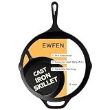 EWFEN Cast Iron Skillet 12 Inch, Pre-Seasoned Frying Pan, Heavy-Duty Professional Restaurant Chef Quality Cookware with Drip Spout, Indoor & Outdoor Use, Compatible with Oven, Stove, Grill & Campfire