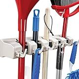 HOME IT Mop And Broom Holder Wall Mount - Garage Storage Systems with 5 Slots, 6 Hooks, 7.5lbs Capacity Per Slot - Garden Tool Organizer For Home, Kitchen, Closet, Garage, Laundry Room - Off-White