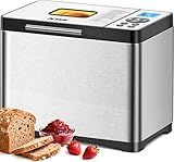 KBS 2LB 19-in-1 Programmable Bread Maker, Stainless Steel Bread Machine with Nonstick Ceramic Pan,650W Bread Maker Machine with 15H Timer&1H Keep Warm,Sourdough,Gluten Free,3 Colors,53 Recipes,Silver