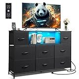 WLIVE Black TV Stand for 45, 50, 55 inch TV, Entertainment Center with LED Lights & Charging Station, TV Media Console Table with 8 Fabric Drawers and Open Shelves for Living Room, Hallway, Wood Top