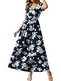 Gracyoga Summer Fall Dresses for Women 2025 Maxi Casual Flowy Vintage Wrap Dress Navy Floral Print Vacation Short Sleeve Sundresses V Neck Travel Outfits S