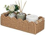 CubesLand Paper Rope Scalloped Edge Toilet Paper Storage Basket, Small Living Room, Bedroom Decor Baskets for Over Toilet Storage Shelf, End Table, Shelves and More, with 2 Wooden Handle, Neutral