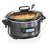 Hamilton Beach Portable 6 Quart Set & Forget Digital Programmable Slow Cooker with Lid Lock, Temperature Probe, Dishwasher Safe Crock & Lid, Black Stainless (33866)