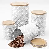 Pebble & Stem® White Metal Canister Set for the Kitchen Counter, Food Canister Set of 4, Airtight Lids, Sugar and Flour Containers for Countertops, Coffee and Tea Storage, Farmhouse Decor