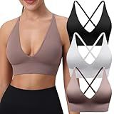 Evercute Women's Sports Bras 3/4 Pack Adjustable Deep V Neck Bras Wireless Spaghetti Strap Criss Cross Padded Seamless Low Support Sexy Everyday Bras