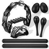 8 Pcs Tambourines for Adults, Hand Held Half Moon Tambourine Foot with Bells Wood Rhythm Sticks Egg Shakers Musical Hand Percussion Instrument Set for Church KTV Music Supplies