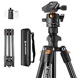 K&F Concept 64 inch/163cm Camera Tripod,Lightweight Travel Outdoor DSLR Tripods with 360 Degree Ball Head Load Capacity 8kg/17.6lbs,Cellphone Clip for Smartphone Live Streaming Vlog O234A1+BH-36