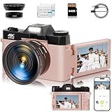 4K Digital Camera for Photography, 56MP Vlogging Video WiFi Camera for YouTube with 3'' 180°Flip Screen, 64GB SD Card, 16x Digital Zoom, 2 Batteries, Point Shoot Compact Travel Vintage Cameras(Pink)