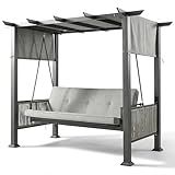 Pamapic 2-in-1 Convertible Porch Swing Bed, 3-Seat Elegant Patio Swing with Wicker Armrests, Outdoor Chair with Adjustable Canopy for Balcony, Garden, and Poolside, Gray