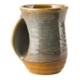 Hand Warmer Mug, Handmade Pottery Ceramic and Hand Painted - The Contoured Pocket will Hold Warmth From The Heat Of Your Drink To Keep Your Fingers Warm, Comfy Handwarmer (Desert Green) (Left hand)