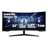 Samsung 34' Odyssey G5 Ultra-Wide Gaming Monitor with 1000R Curved Screen, 165Hz, 1ms, FreeSync Premium, Large Display, Eye Comfort, Multiple Ports, WQHD, LC34G55TWWNXZA, Black