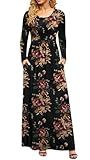 DB MOON Women Casual Long Sleeve Maxi Dresses Empire Waist Long Dress with Pockets Brown Floral Black L
