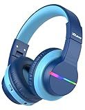 iClever BTH12 Kids Bluetooth Headphones,Colorful LED Lights Kids Headphones Wireless,74/85dBA Safe Volume,85H Playtime,Fast Charging,Bluetooth 5.2,Over Ear,Built-in Mic for iPad/Tablet/Airplane,Blue