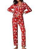Ekouaer Pajamas Women's Long Sleeve Sleepwear Soft Button Down Loungewear Pjs Lounge Set Nightwear,Christmas Red with Gingerbread Man,Small