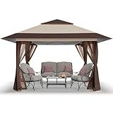 CROWN SHADES 13x13 Pop Up Gazebo, Canopy Tent, Gazebos on Clearance - Outdoor Gazebo for Backyard & Patio Furniture - Carpa Pop Up Tent with Wheeled STO-N-Go Cover Bag (Beige & Coffee)