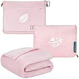 PAVILIA Travel Blanket and Pillow, Arms Opening Airplane Blankets for Adults, Compact Plane Blanket with Arm Hole 2-in-1 Bag for Flight Car Camping Fit in Luggage Backpack Traveler Gift, Pink