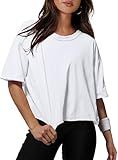 Summer Crop Tops for Women White Cotton Tshirts Short Sleeve Drop Shoulder Workout Yoga Tees L