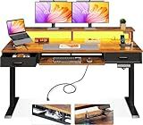 AODK Electric Standing Desk with Drawers & Keyboard Tray, 55 Inch Height Adjustable Gaming Desk with Power Outlets & LED Lights, Sit Stand Table with Monitor Stand for Home, Office, Rustic Brown