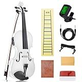 Electric/Acoustic Violin with Ebony Accessories with Carrying Case, Violin Bow, Bridge, Rosin, Shoulder Rest, Stickers, Tuner, Instruction, Handcraft with Maple, Spruce (White)
