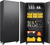 SISESOL Metal Storage Cabinet with Wheels,75 inch Tall Rolling Garage Storage Cabinet with Lock,Black Metal Cabinets with Wheels and Shelves,Deep Heavy Duty Tool Locker for Garage,Home,Office,Shop