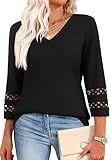 Blouses for Women Dressy Casual 3/4 Length Sleeve Womens Tops V Neck Tshirts Summer Beach Vacation Clothes Fashion Black L