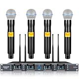 Wireless Microphone System 4 Channel with 4x100 UHF Adjustable Frequency, Metal Cordless Mic, Bring Auto Scan Feature 328 ft Range, Microphone for Singing, DJ Party, Karaoke, Church (BS-883-4H)
