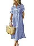 ebossy Women's Boho Striped Shirt Dress Button Up Side Slit Loose Mid Long Cotton Dress with Pockets (XL, Blue)