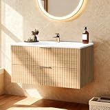 24 Inch Bathroom Vanity with Sink, Modern Floating Bathroom Vanity with Resin Sink, 2 Large Storage Darwers, Wood Grain Texture Wall Mounted Vanity, Gold Handles