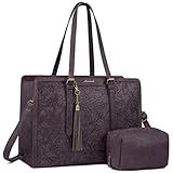 LOVEVOOK Laptop Tote Bag for Women,17 inch Canvas Leather Computer bag with Clutch Purse for Business, Travel, School, Casual (Light Purple Embossed-P, 15.6 inch)