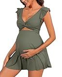 Charmo Maternity One Piece Swimsuit Cut Out Ruched Full Coverage Swim Dress Ruffle Pregnancy Bathing Suits for Women Green S