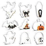 QtoiKce Halloween Cookie Cutters Set,9 Piece Stainless Steel Metal Halloween Cookie Cutters Shapes - Pumpkin, Ghosts, Bat, Black Cat, Witch's Hat, Skull, Coffin, 1, Silver