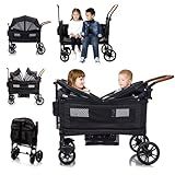 Wagon Stroller for 2 Kids & Cargo-Push-Pull Travel Double Stroller Lightweight Folding Stroller for Toddler with 5-Point Harness,Adjustable Handle Bar and Canopy,Tray Table,Cup Holder,Storage