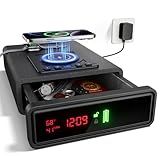 Biometric Smart Safe with Wireless Charging for Phone and Watch, Auto-Open Door with Fingerprint Lock, Backlit Keypad - Compact Nightstand Drawer with LED Light, 24/7 Digital Clock, Car, Office