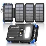 Solar Power Bank 20000mAh with 4 Panels, Portable Solar Charger with Build-in 3 Cables for iPhone, USB C in/Output 15W Fast Charging External Battery Pack with Flashlight & Camping Light