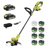 SEYVUM String Trimmer, 20V 12-inch Cordless Weed Wacker with Auto Line Feed, 2 X 2.0Ah Battery Powered Lawn Edger with 8 Pcs Grass Cutter Spool Line, Fast Charger Included, Lemon Green