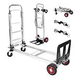 Aluminum 3-in-1 Folding Hand Truck, 500Lbs Heavy Duty Dolly Cart with 2 Large 6-Inch Quiet Rubber Wheels, 2 360° Swivel Wheels, 2 Bungee Cords, Portable Dolly for Home, Office, Warehouse, Packages