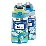 Contigo Aubrey Kids Water Bottle, 2-Pack, 14oz, Dinos & Sharks, Spill-Proof Lid, Dishwasher Safe, Blue & Green