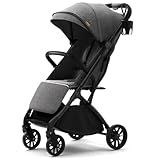 newyoo GlideTow TR18M Travel Stroller, Compact & Lightweight Baby Stroller with Reclining Lay Flat Seat, Luggage Handle & Cup Holder, One-Hand Quick Fold, Gray