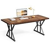 LITTLE TREE 70.8-Inch Office Desk, Wooden Executive Office Desk, Modern Work Desk, Large Farmhouse Writing Table Computer Desk for Home, Brown-Black