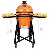 London Sunshine 15-inch Ceramic Kamado Charcoal BBQ Grill & Smoker with Locking Casters, Foldable Side Shelves, Stainless Steel Grates, and Tall Stand (Orange)