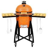 London Sunshine 15-inch Ceramic Kamado Charcoal BBQ Grill & Smoker with Locking Casters, Foldable Side Shelves, Stainless Steel Grates, and Tall Stand (Orange)