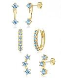 Gold Blue Earrings for Women, Light Blue March Birthstone Earrings Set, Huggie Hoop Jacket Earring Stack for Multiple Piercing Trendy Jewelry Gifts