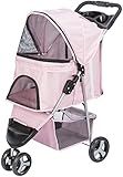TRIXIE Foldable Pet Stroller for Cats and Dogs, Pet Carrier Strolling Cart with Weather Cover, Storage Basket, Cup Holder, Pink