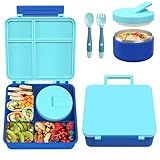 Pawtong Bento Lunch Box with 8oz Soup Thermo, Kids Leakproof Lunch Food Containers with 4 Compartment, Kids Thermo Insulated Hot Food Jar for School, Trvael（Blue