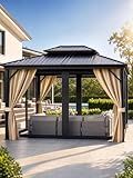 GarveeLife Hardtop Gazebo 10 ft x14 ft for All Weather, with Double Metal Roof, Aluminum Alloy Frame, Net, and Curtain, Permanent Building for Patio, Deck, Backyard, Lawn, and Garden